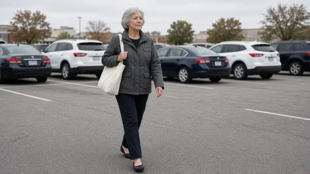 A woman about 66 crosses a parking lot with a plain canvas bag.