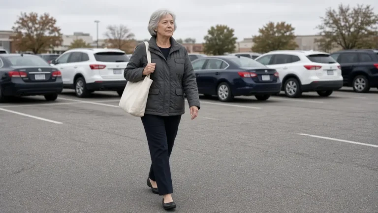 A woman about 66 crosses a parking lot with a plain canvas bag.