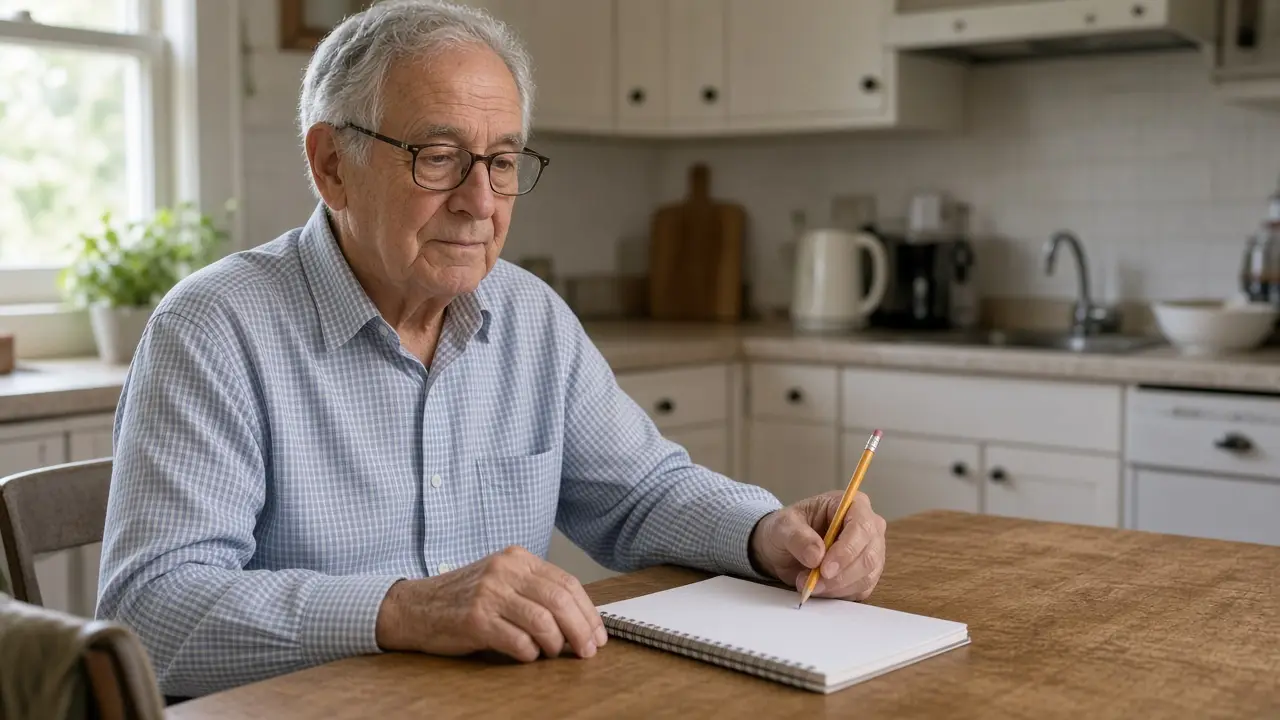 A man about 74 sits at a kitchen table with a notepad and glasses.