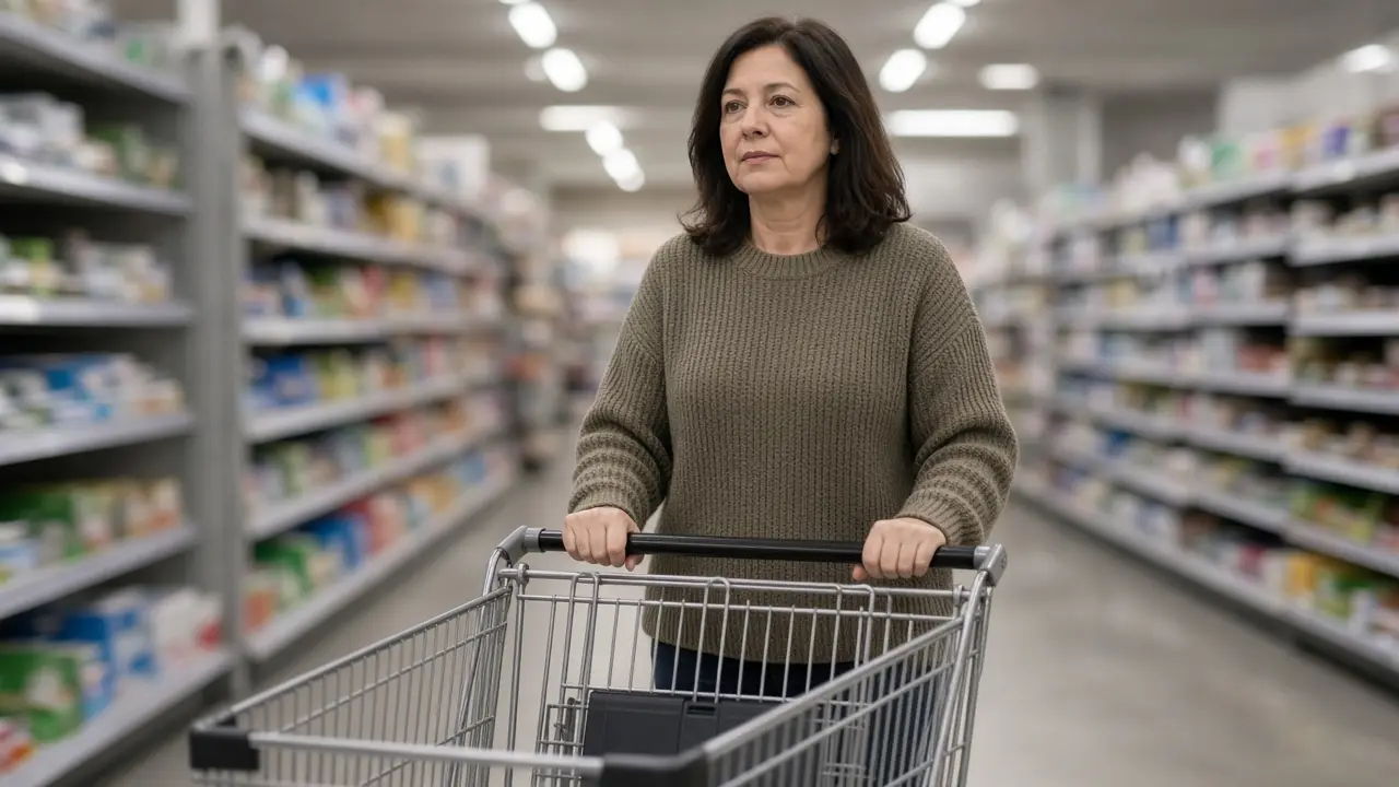 A woman about 54 pushes a shopping cart down a wide store aisle.
