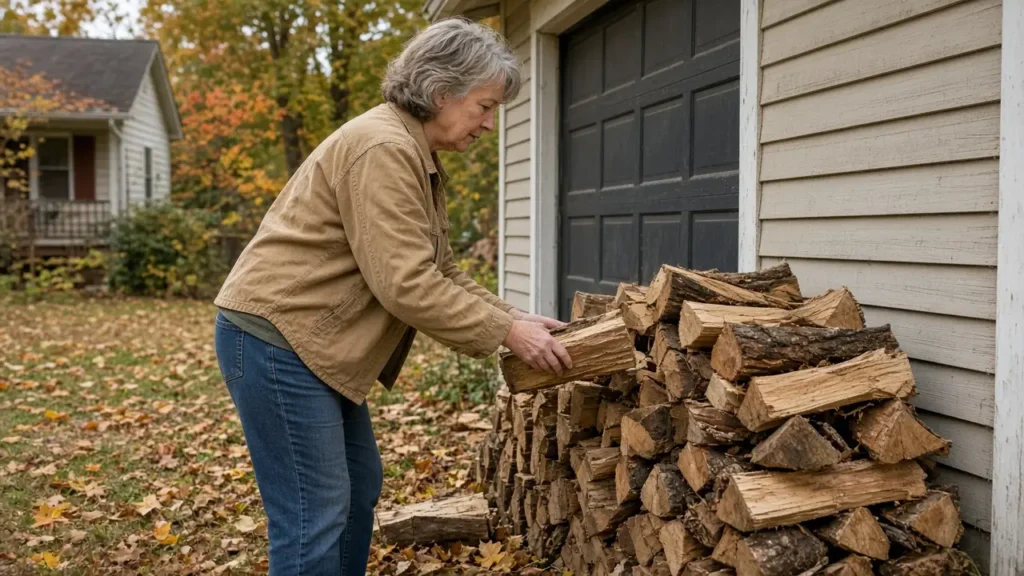 A woman about 63 stacks firewood beside a garage.