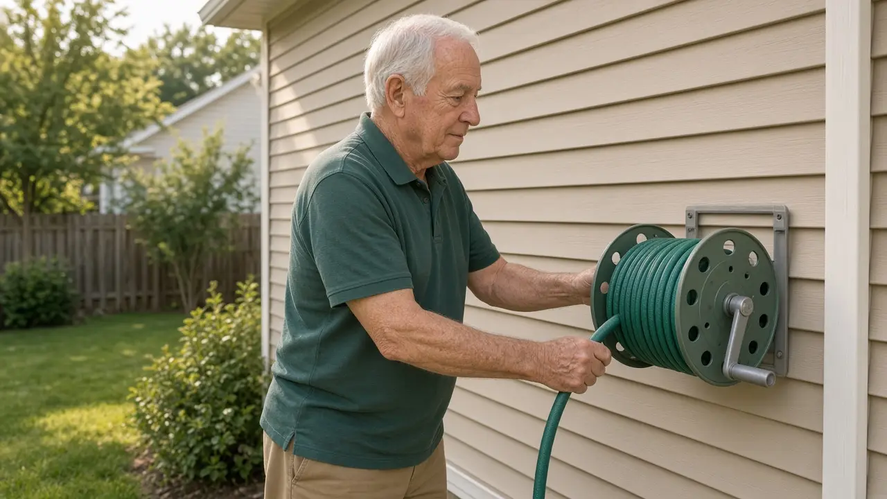 A man about 70 winds a garden hose onto a reel.