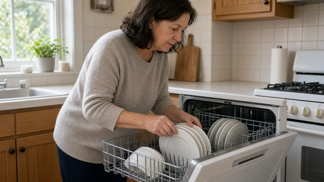 A woman about 58 loads plain plates into a dishwasher.