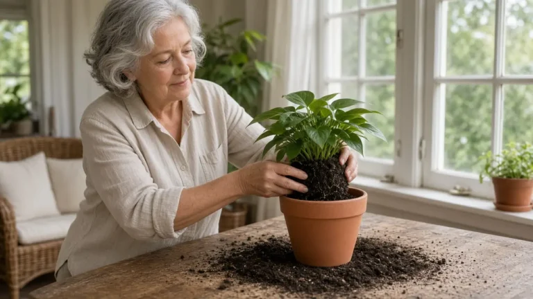 A woman about 72 repots a houseplant at a table.