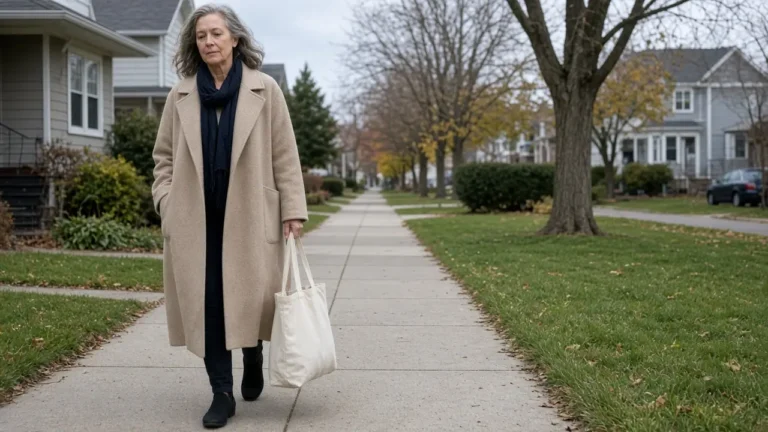 A tall woman about 66 walks a sidewalk with a canvas tote.