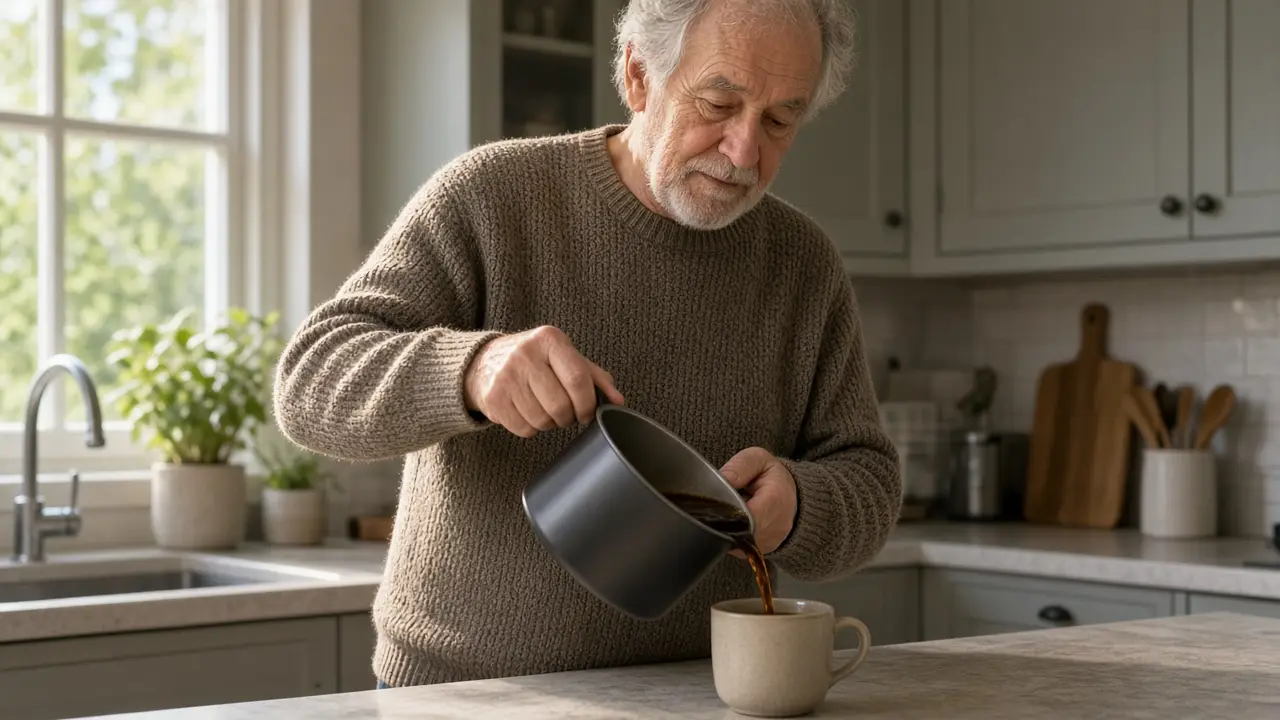 A man about 71 pours coffee at a kitchen counter.