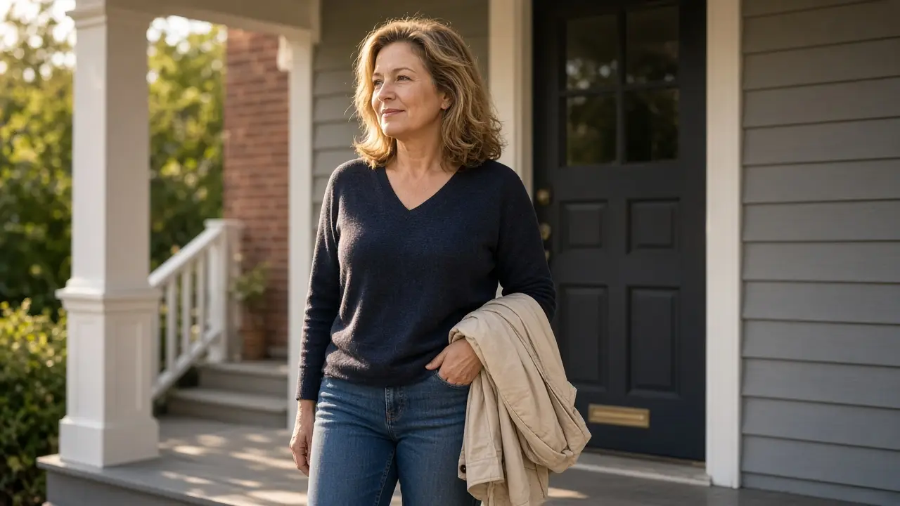 A woman about 59 waits on a porch with a jacket over her arm.