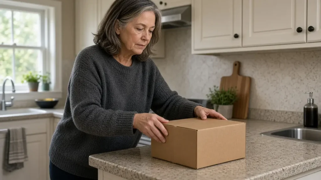 A woman about 56 sets a plain cardboard box on a kitchen counter.