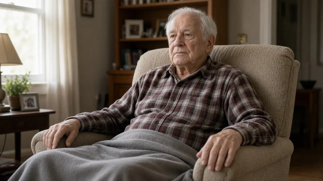 A man about 77 rests in a recliner with a folded blanket.