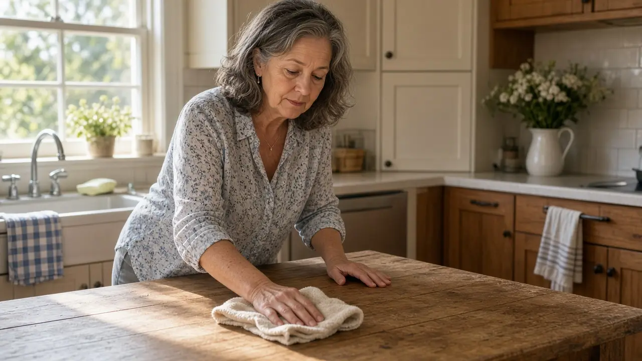 A woman about 63 wipes a kitchen table in the afternoon.