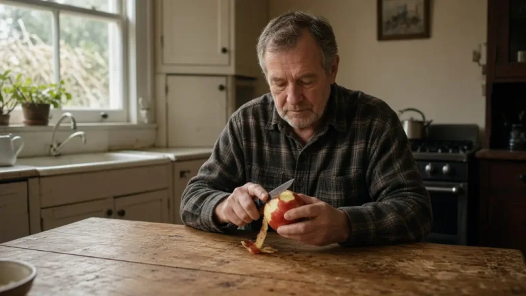 A man about 63 sits at a kitchen table peeling an apple.