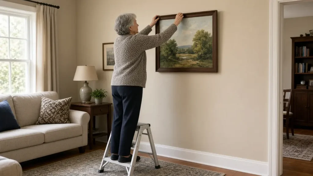 A woman about 66 stands on a low step and hangs a framed landscape on a living-room wall.