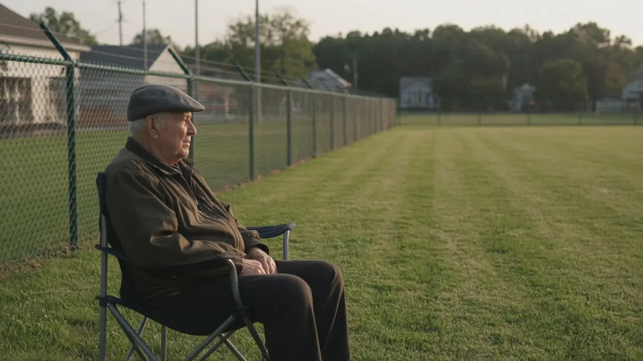 A man about 75 sits in a lawn chair along a little-league outfield fence.