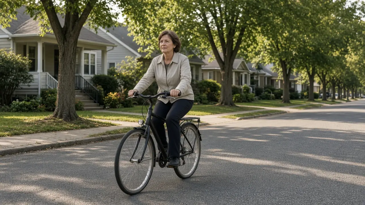 A woman about 58 rides a bicycle along a quiet residential street in a plain jacket.