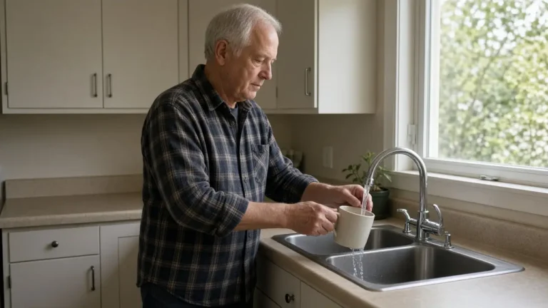 A man about 70 stands at a kitchen sink rinsing a ceramic mug.