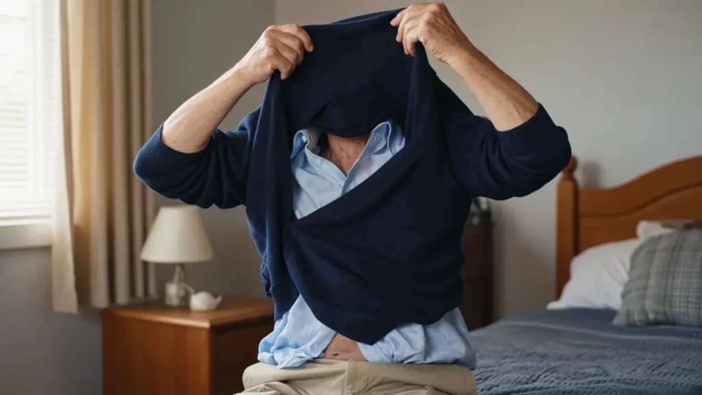 A man about 69 pulls a sweater on over a collared shirt.
