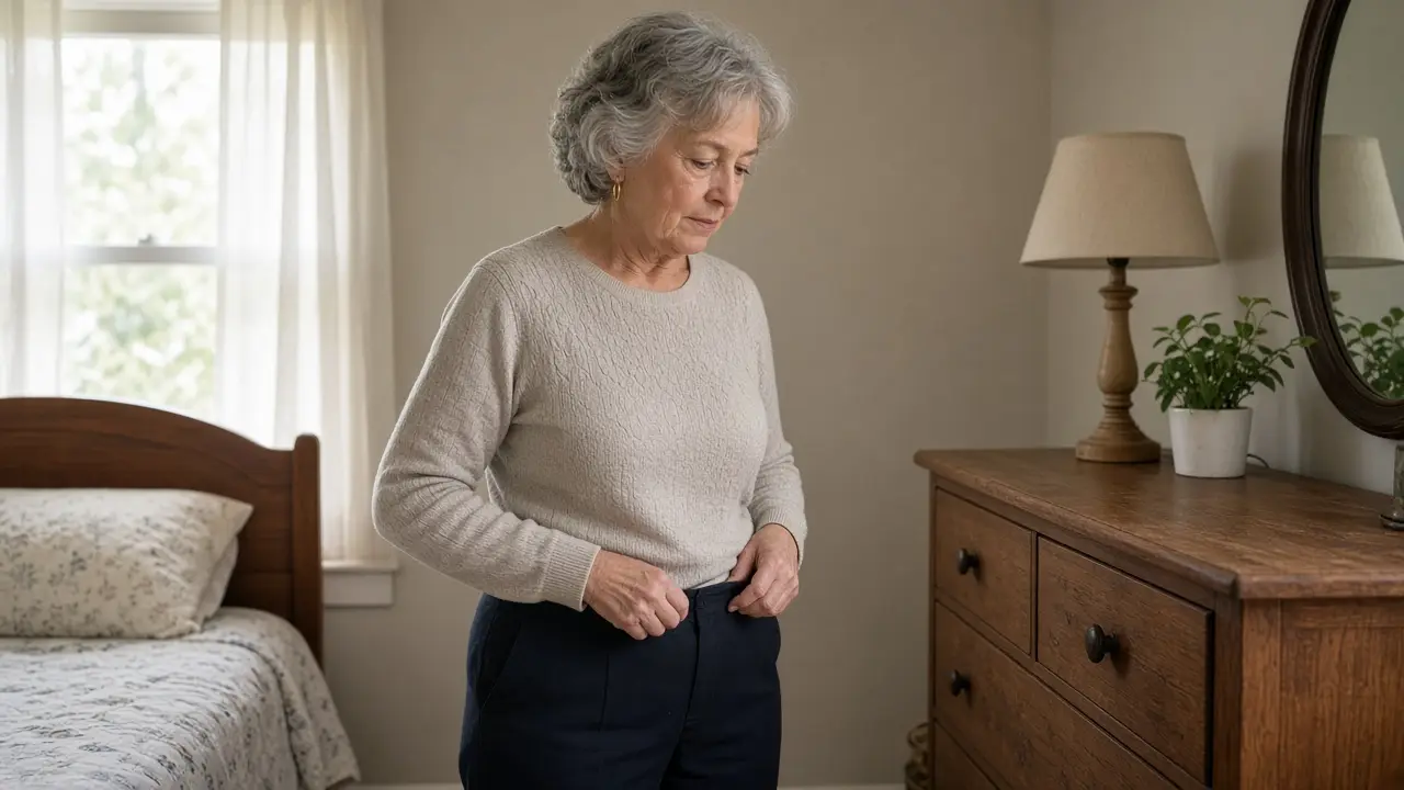 A woman about 72 adjusts the waist of her trousers at a dresser.