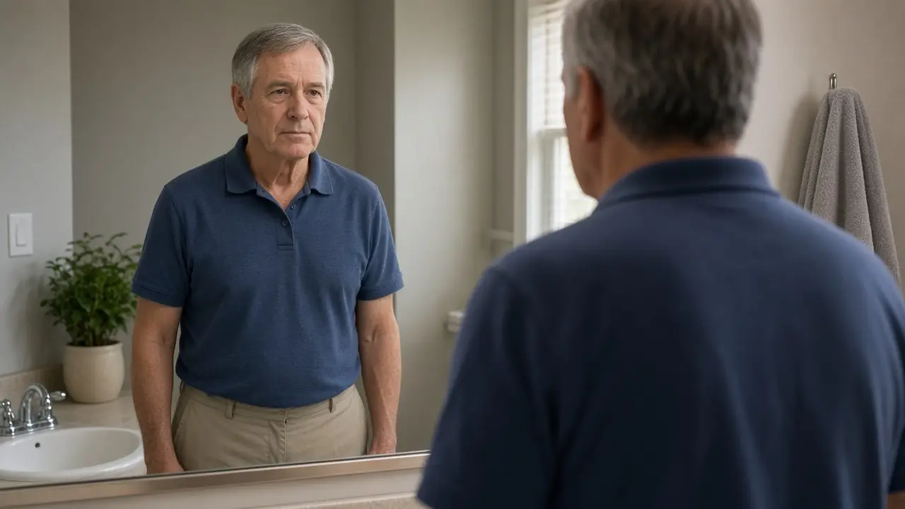 A man about 65 stands at a bathroom mirror in a polo and khakis.