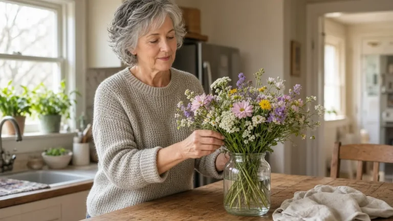 A woman in her mid-sixties arranges cut flowers in a plain glass jar on a kitchen table.