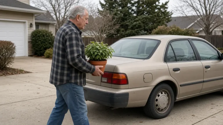 A man in his mid-sixties carries a small houseplant out to a parked car in a driveway.