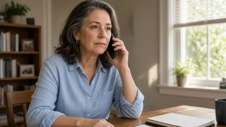 A woman about 54 talks on a phone in a small home office.