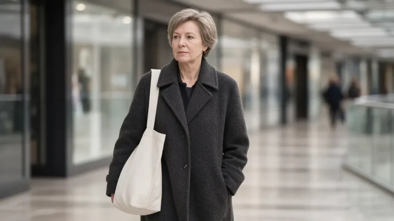 A woman about 64 walks a covered downtown skyway with a plain canvas tote on her shoulder.
