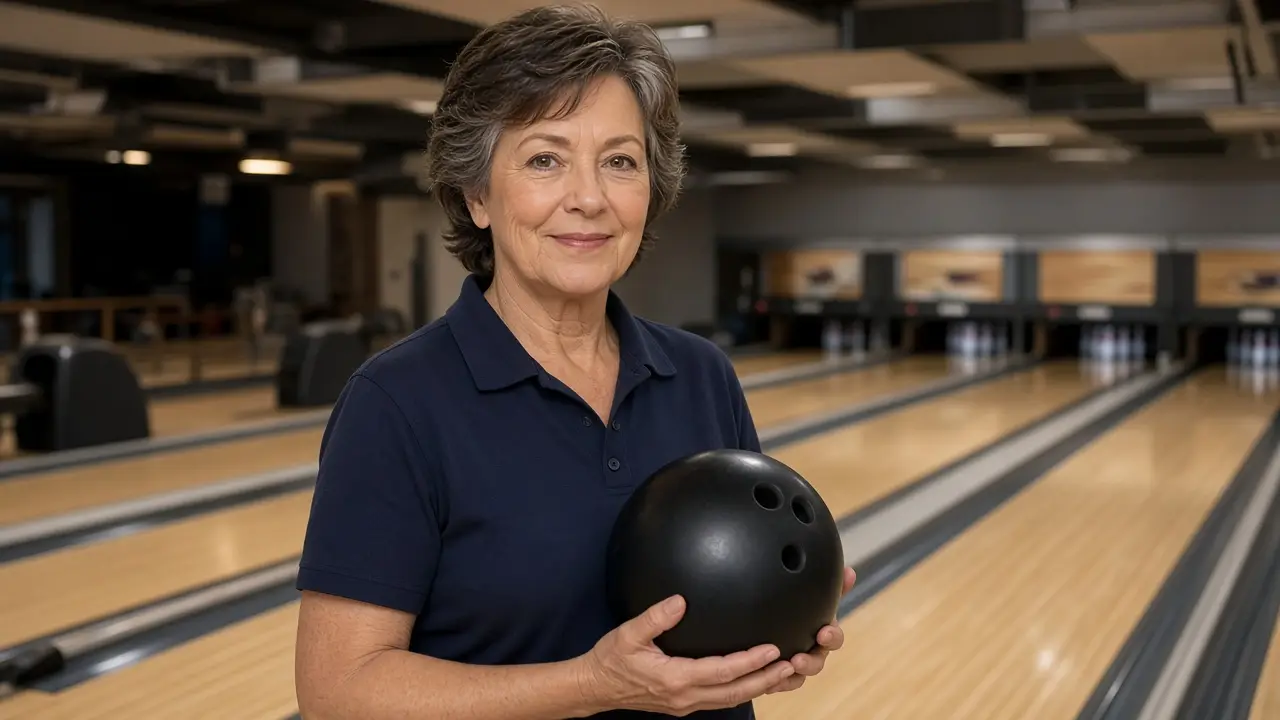 A woman about 58 holds a plain dark bowling ball in a community alley, lanes softly out of focus.