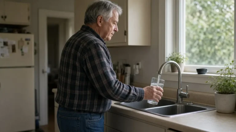 A man in his early sixties stands at a kitchen sink filling a plain glass with water.