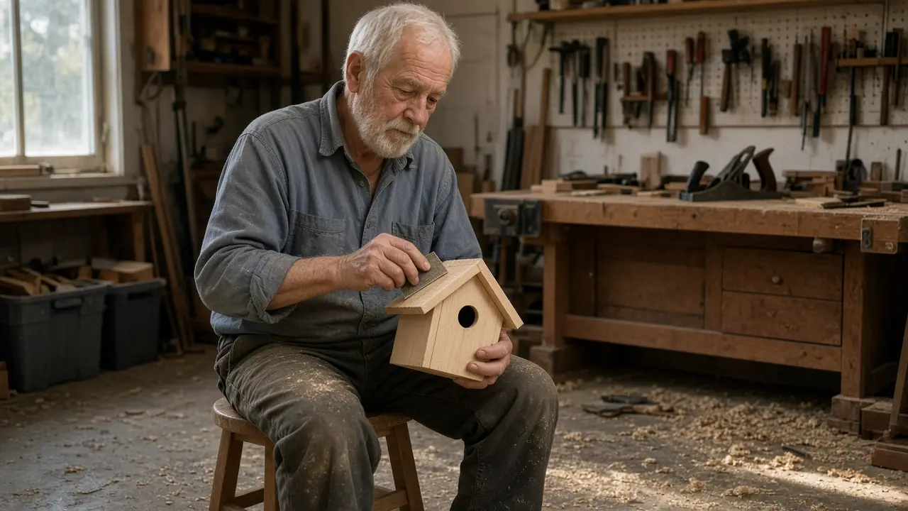 A man about seventy sands a small wooden birdhouse on a stool in his garage.