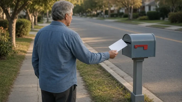 A man about 64 stands at a curbside mailbox with his back to the camera, a blank envelope in hand.