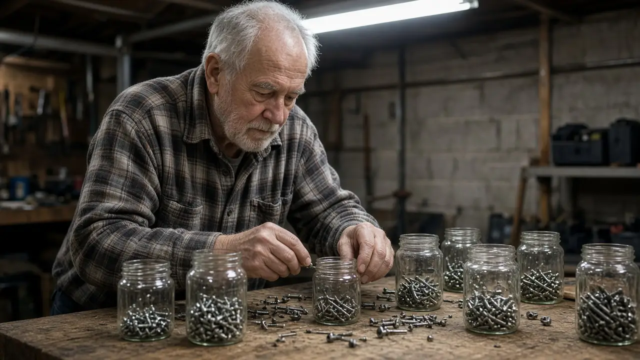 A man about 76 sorts screws into glass jars at a basement workbench.