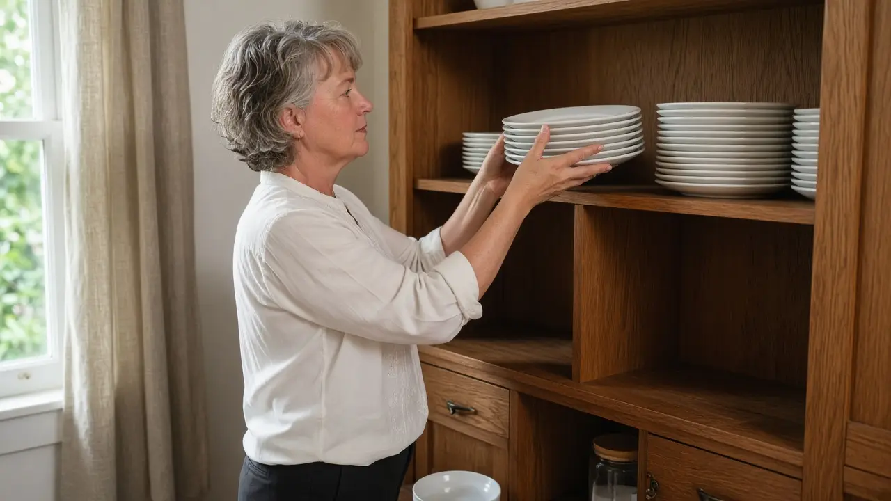 A woman about 60 stacks plain white plates in a dining-room hutch.