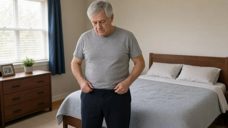 A man about 68 stands in a bedroom and measures his waist with a cloth tape.
