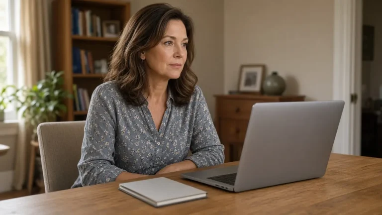 A woman about 55 sits at a laptop with the screen turned away.