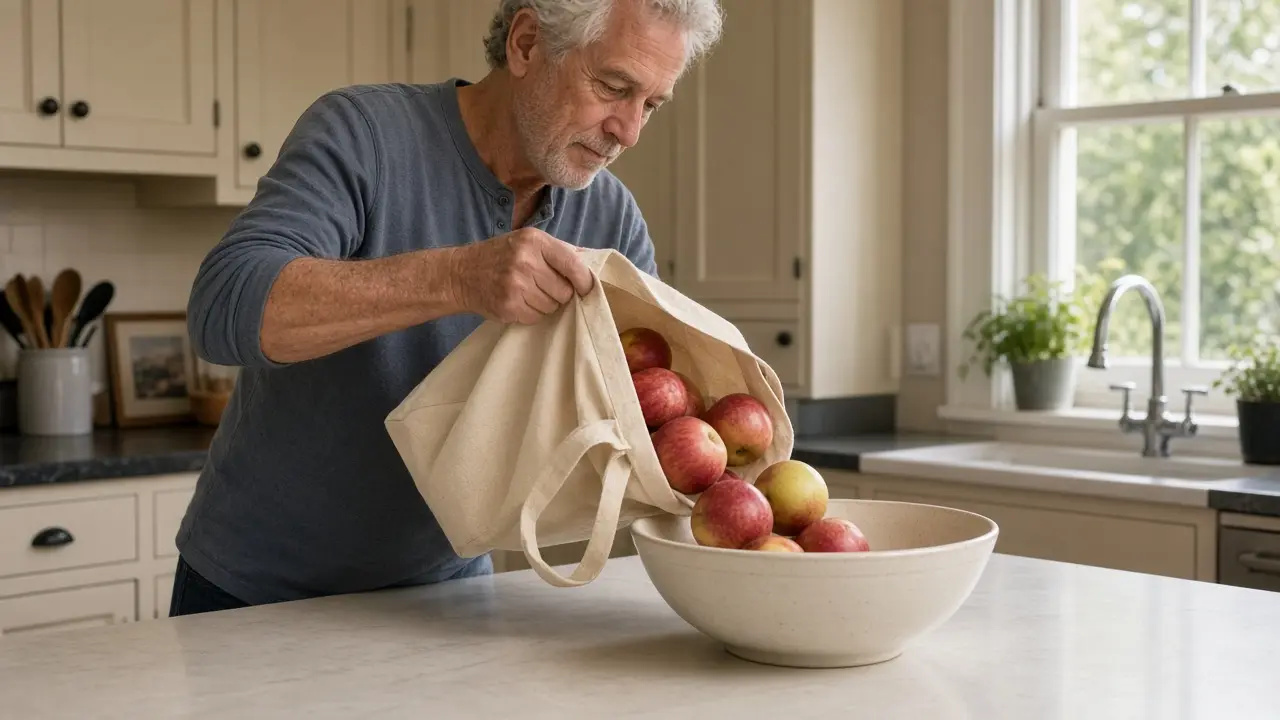 A man about 68 tips loose apples from a tote into a kitchen bowl.