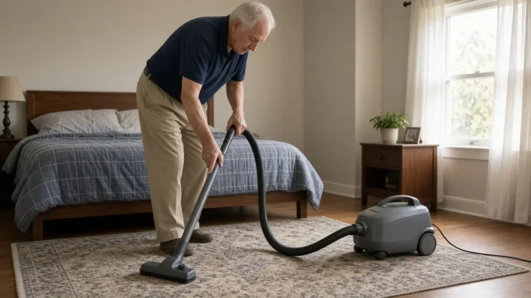 A man about 73 vacuums a bedroom rug with a plain vacuum.