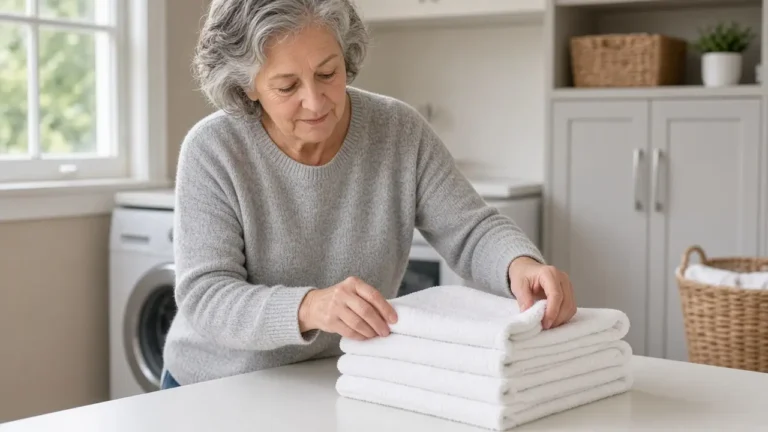 A woman about 70 folds plain towels in a laundry room.