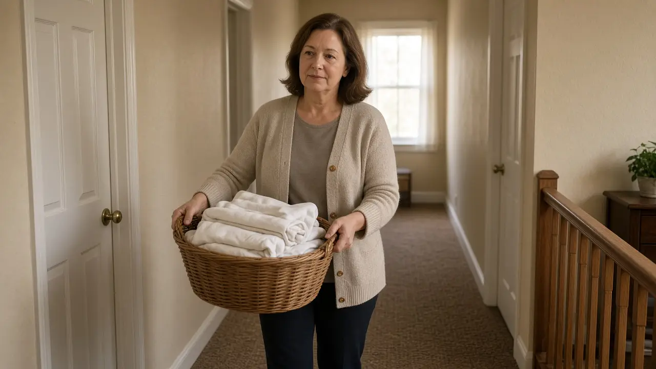 A woman about 55 carries a basket of folded sheets down a hall.