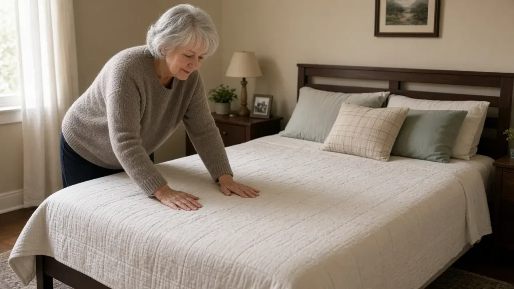 A woman about 67 smooths a quilt on a bed.
