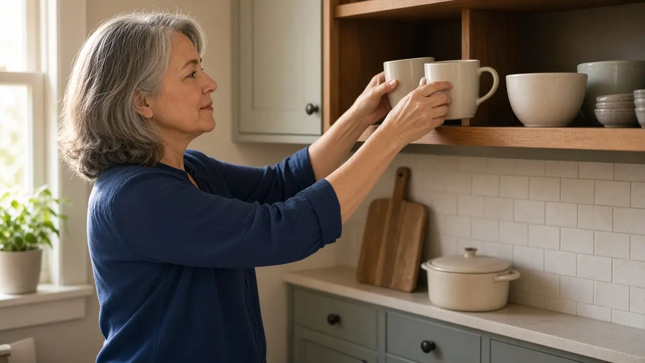A woman about 59 sets mugs on a kitchen shelf.