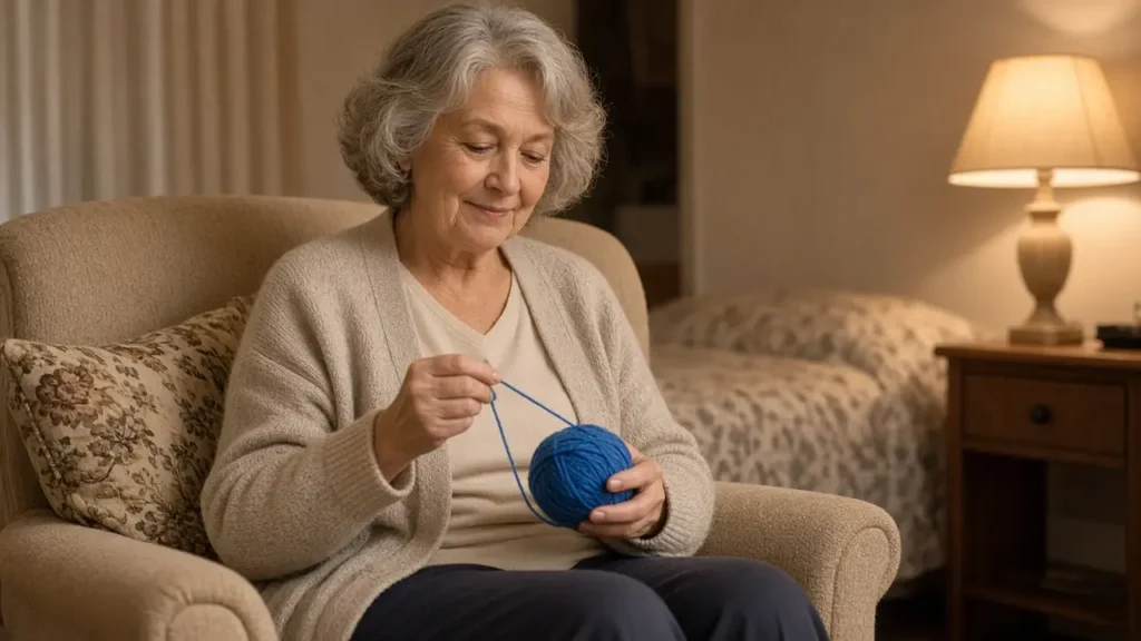 A woman about sixty-nine sits in a bedroom armchair winding a ball of blue yarn.