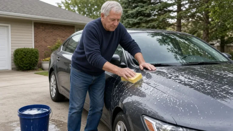 A man about 68 washes a plain dark sedan in a driveway.