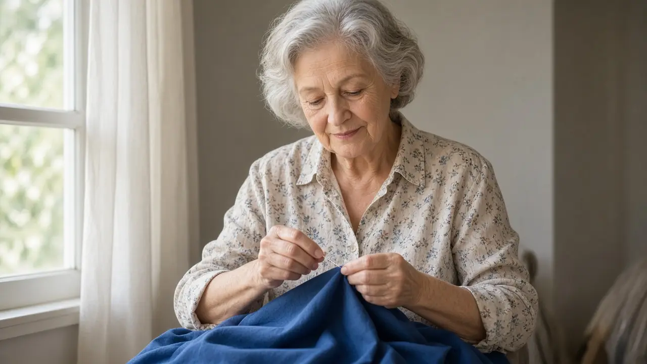 A woman about 72 threads a needle beside a window.