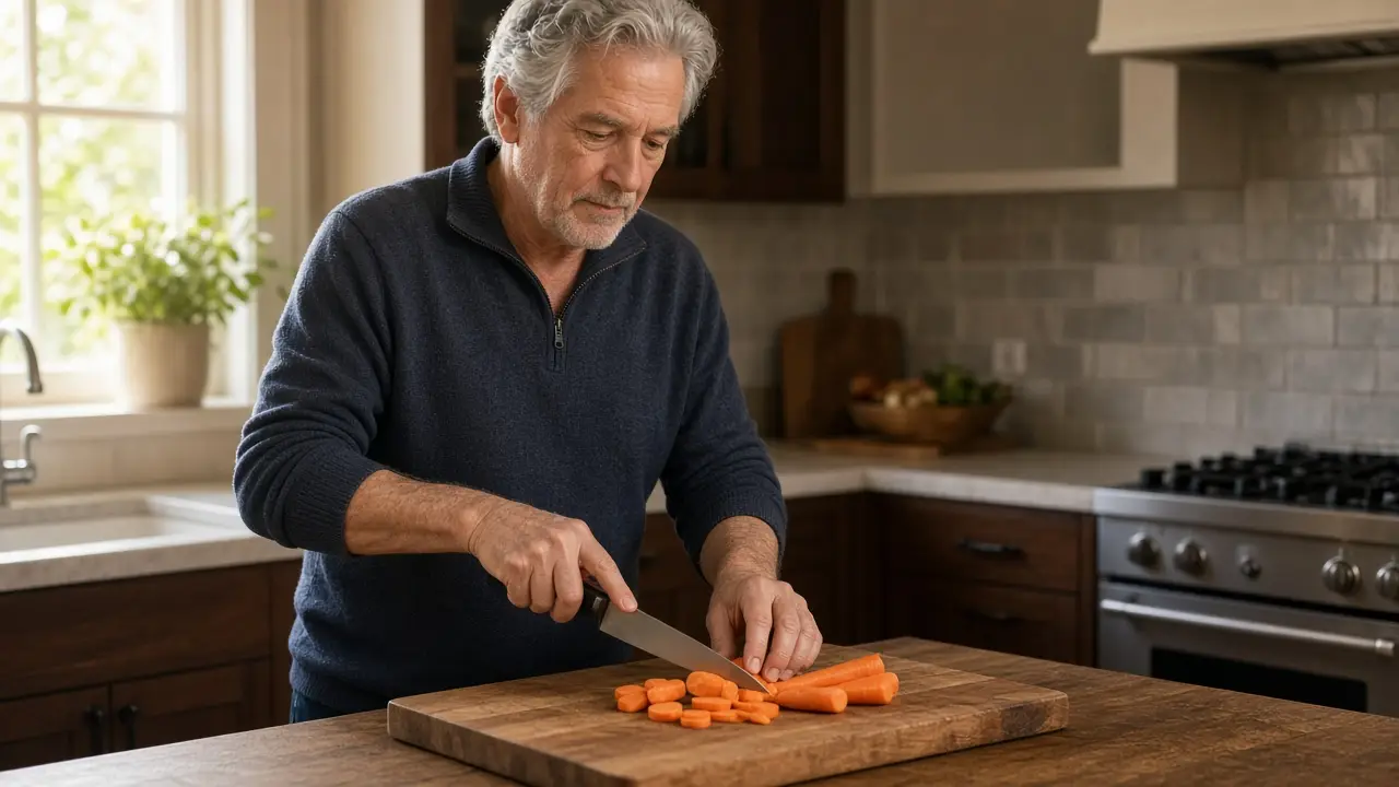 A man about 61 chops carrots on a wooden cutting board.