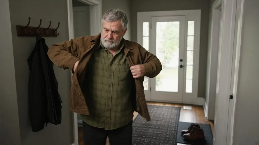 A gray-bearded man in a flannel shirt puts on a jacket in a hallway.