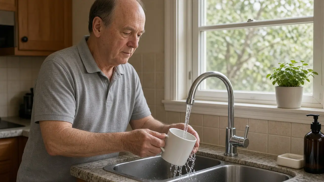 A balding man in a gray polo rinses a mug at a kitchen sink.