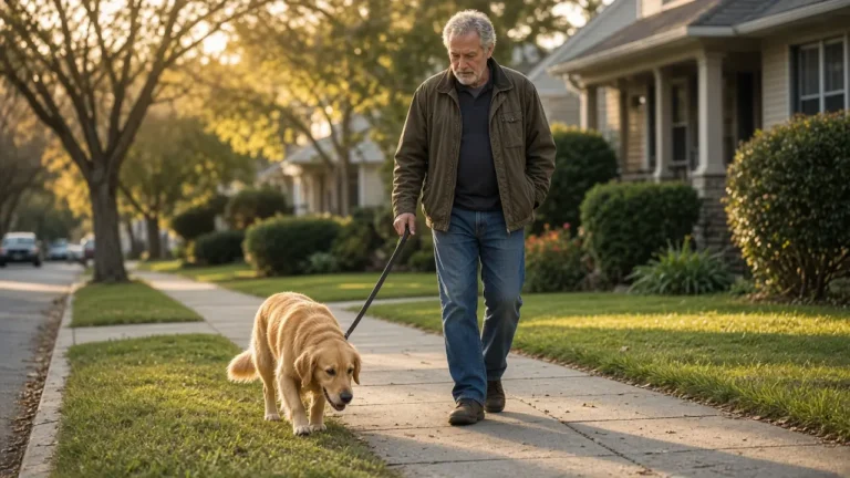 A man about 66 walks a dog on a suburban sidewalk.