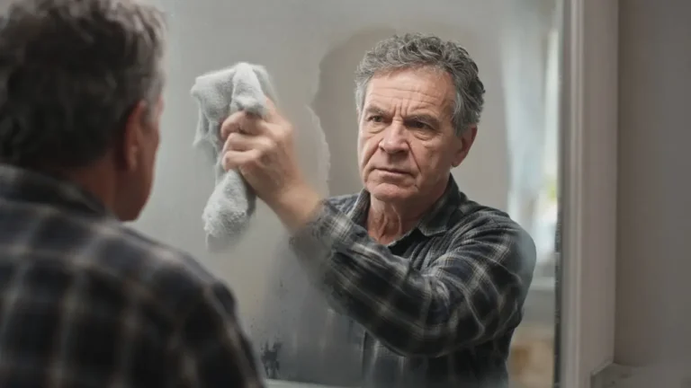 A man about 67 wipes steam from a bathroom mirror with a plain cloth.