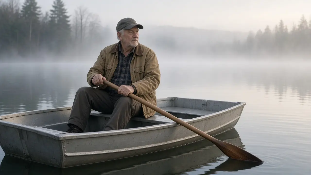 A man about 73 sits in a small rowboat on a calm lake, both hands on the oars.