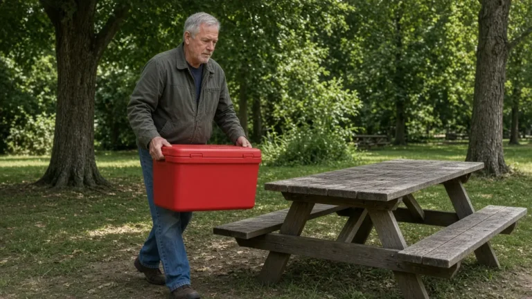 A man about 63 carries a plain red cooler toward a picnic table in a shady park.